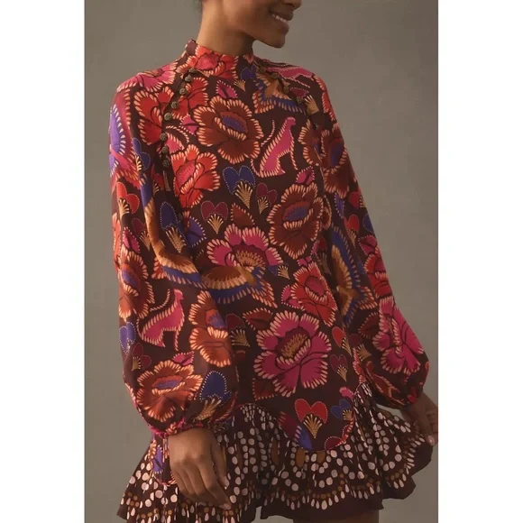 NEW Farm Rio Long Sleeve Mini Dress in Bright Flora Brown Size Large - Picture 3 of 16